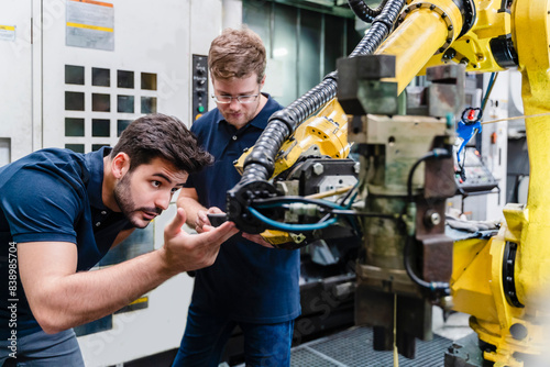 Bild auf Leinwand Male coworkers examining robotic arm while standing in manufacturing factory