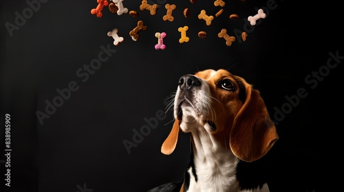 Adorable Beagle Dog Eagerly Looking at Floating Dog Treats. A playful and creative composition. Perfect for pet-themed content or advertising. AI