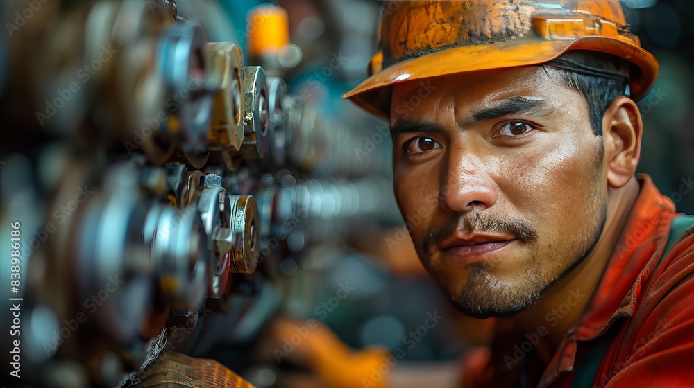 Focused factory worker inspecting machinery