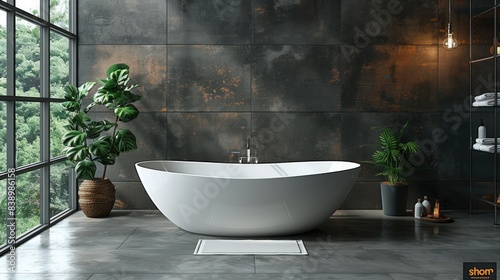 Contemporary Bathroom with Dark Gray Tiles  White Bathtub  and Three Posters. Health and Hygiene Concept. 