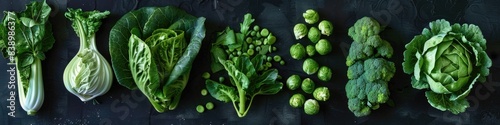 Fresh Green Leafy Vegetables Assortment on Dark Background Panoramic View