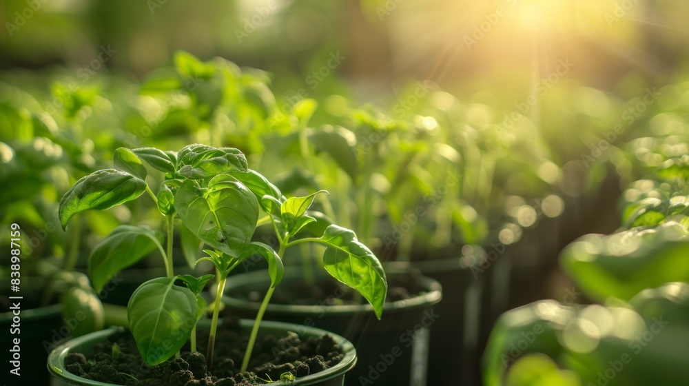 A close up of a group of plants in pots with sunlight, AI