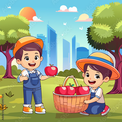 Two little boys collect apples from an apple tree in a basket. Concept of joyful careless childhood outdoors. Illustration vector