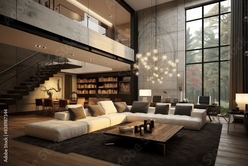 Spacious modern living room with large windows, elegant furniture, and a nature view