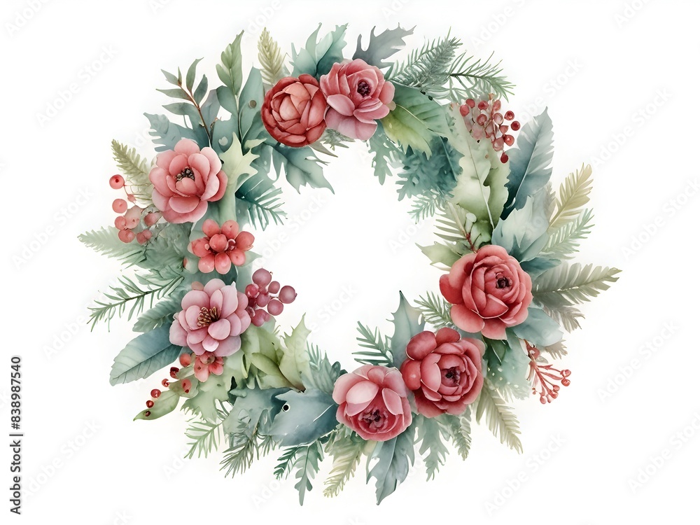 Watercolor Winter Christmas Flower Leaves Wreath Watercolor Winter Christmas Flower Leaves Wreath