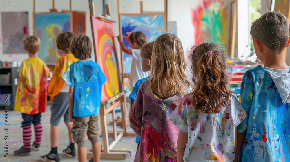 Children painting in a classroom. Young kids express creativity with colors and brushes. Arts and crafts activity in a colorful room.