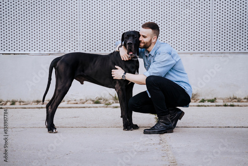 Happy young man cuddling his dog outdoors photo