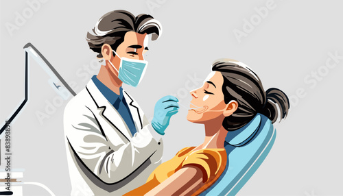 The dentist treats the female patient's teeth. Treatment cleaning and whitening of teeth. Vector illustration
