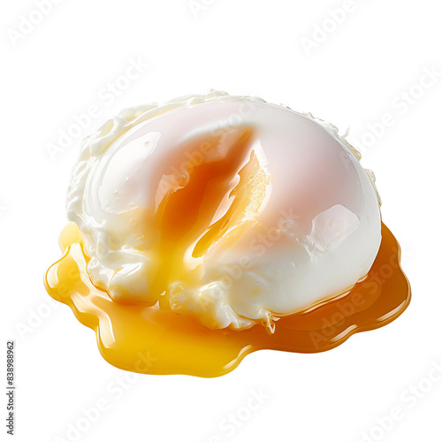 Close-up of a poached egg with runny yolk, perfectly cooked for breakfast, isolated on white background.