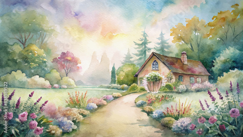Watercolor background featuring a flower garden in the countryside
