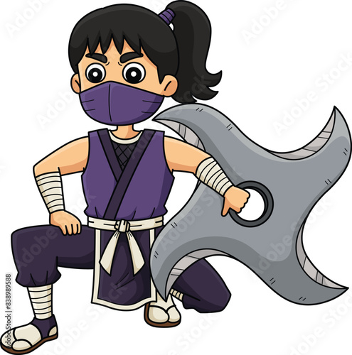 Ninja Kunoichi with a Big Shuriken Cartoon Clipart
