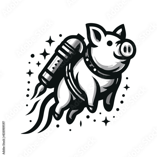 pig and rocket logo. pig logo design wearing a rocket on its back.pig rocket illustration