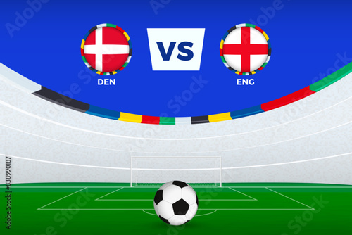 Illustration of stadium for football match between Denmark and England, stylized template from soccer tournament.