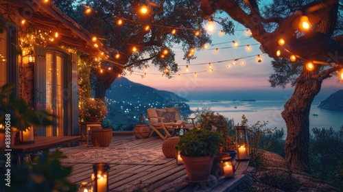 Cozy Outdoor Terrace with Ambient Outdoor String Lights Illuminating the Night
 photo