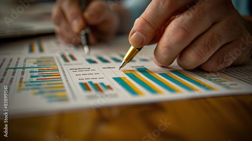 Close-up of hands pointing at financial graphs on paper, background blurred for text space