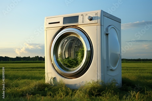 Single white washing machine stands incongruously in a vibrant green field under a blue sky photo