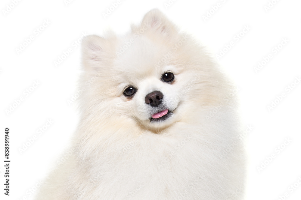 Portrait of a cute Pomeranian Spitz, closeup, isolated on a white background Portrait of a cute Pomeranian Spitz, closeup, isolated on a white background