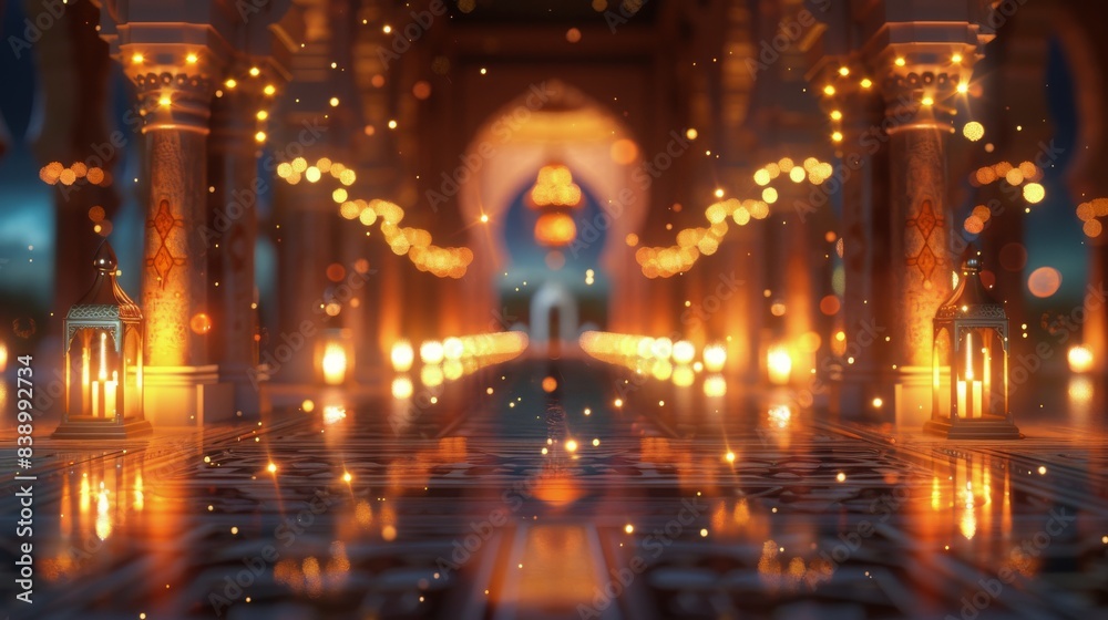 Obraz premium Illuminated Hallway With Ornate Pillars and Falling Lights