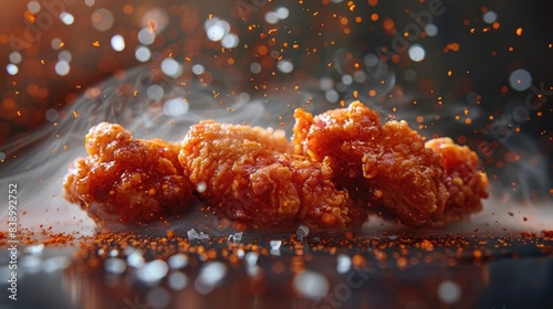 Crispy crunchy fried chicken spices flying air
 photo