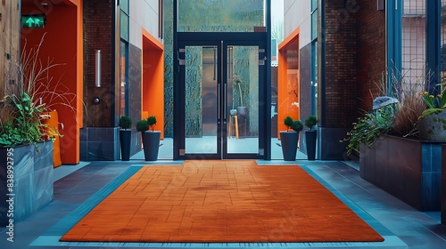 Vibrant and inviting entrance adorned with a orange carpet, welcoming guests with its lively hues.