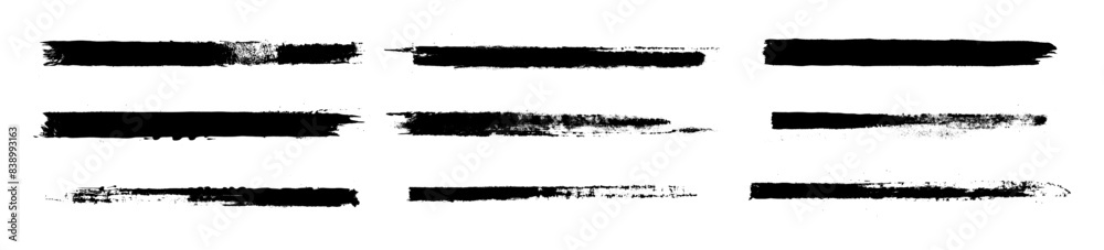 Straight line vector Asian ink brush strokes. Black hand drawn stripes, smears. Chinese, Japanese or  Korean calligraphy brushstrokes set. Rough grunge thick paint line texture. Vector sketch lines