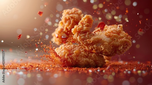 Crispy crunchy fried chicken spices flying air
 photo