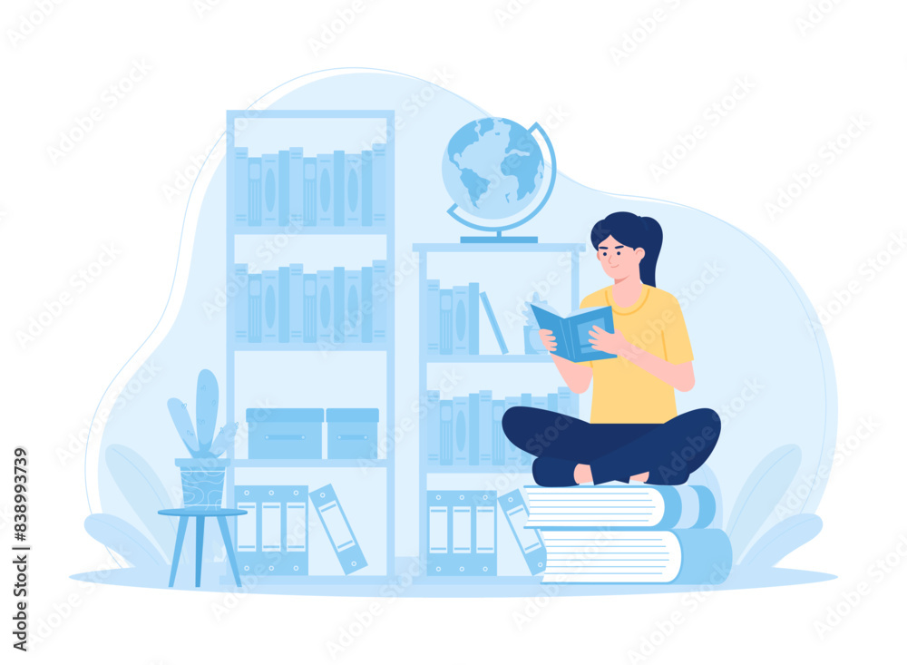 Woman sitting on a book studying in the library concept flat illustration