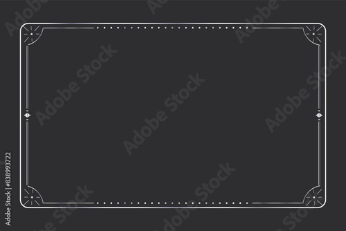 Silver celestial minimal esoteric frame, thin line border, mystyc linear decoration with dots, moon, stars corners isolated on dark background. Geometric shape, tarrot 