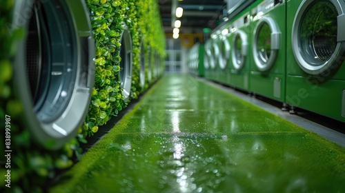 Eco-friendly laundry concept with rows of green washing machines in environmental laundromat.
 photo