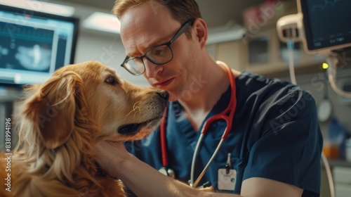 The veterinarian with golden retriever photo
