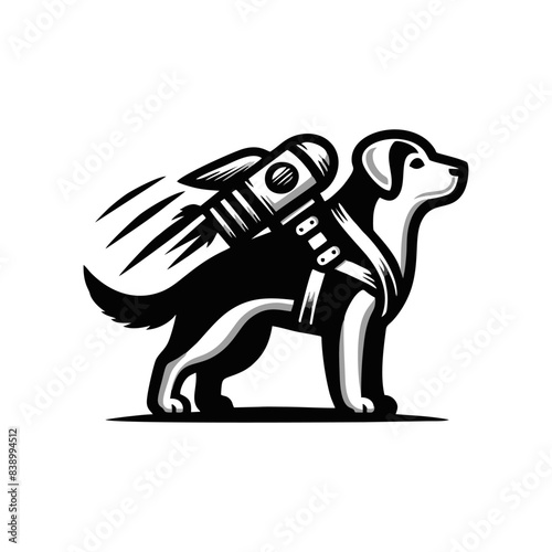 dog and rocket logo. dog logo design wearing a rocket on its back. dog rocket vector illustration