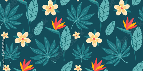 Seamless pattern with tropical leaves and flowers in simple flat design. Summer pattern with exotic plants for fabric and wallpaper. Flat vector illustration.

