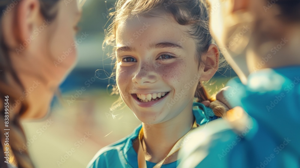 A young athlete being awarded a medal, face beaming with pride and accomplishment. A young athlete being awarded a medal, face beaming with pride and accomplishment.