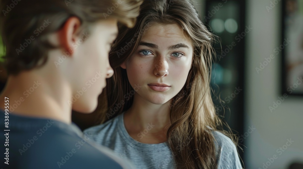 Fototapeta premium A teenager looking nervously at their crush, face flushed and eyes shy. 