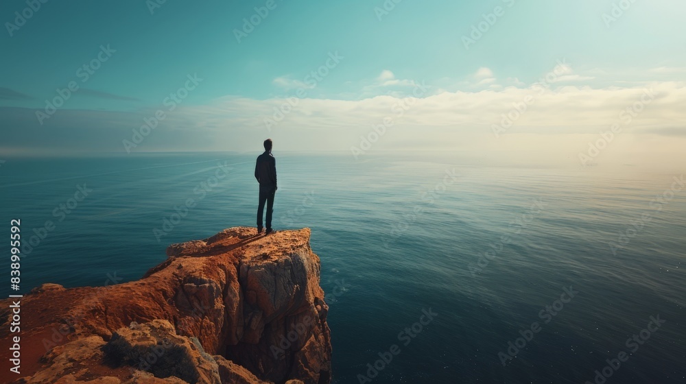 A person standing on a cliff, looking out at the sea with a mix of awe and contemplation.