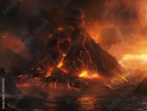 A dramatic volcanic eruption with molten lava spewing into the air, accompanied by a thick plume of ash and smoke. 