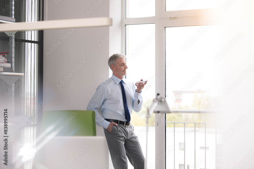 Mature businessman standing in office, using smartphone