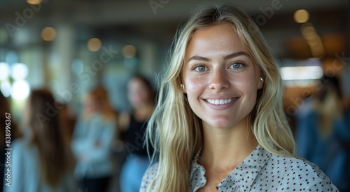 Closeup Portrait of a Smiling Young Woman With Blonde Hair in a Blurry Backgr...