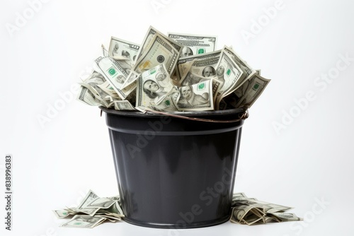 Black bucket filled and surrounded by a mix of crumpled us dollar bills