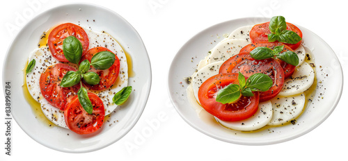 Caprese salad on a white plate, mozzarella cheese and tomatoes, side and top view, italian food bundle isolated on a transparent background