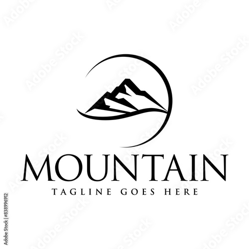 Mountain theme with tropical beach logo design template vector illustration