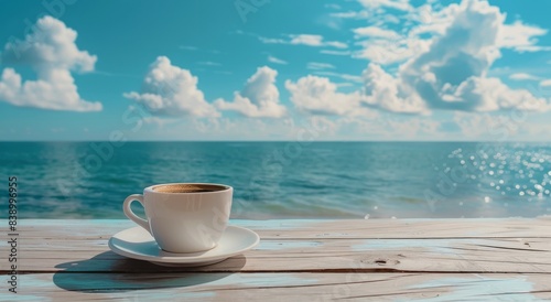 A Cup of Coffee With a View of the Blue Ocean on a Sunny Day