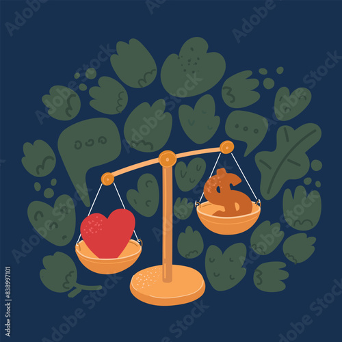 Cartoon vector illustration of Heart and money on balance scale - Order of priority in life among love and money over dark background