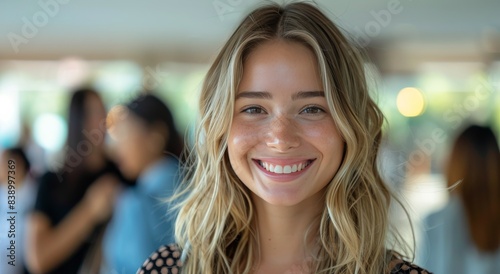 Closeup Portrait of a Smiling Young Woman With Blonde Hair in a Blurry Backgr...