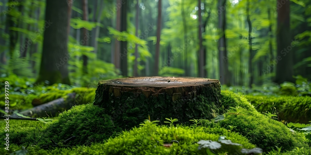 Highquality photo of a wooden stump in a forest with green moss. Concept Nature Photography, Wooden Stump, Forest Landscape, Green Moss, High-Quality Image Highquality photo of a wooden stump in a forest with green moss. Concept Nature Photography, Wooden Stump, Forest Landscape, Green Moss, High-Quality Image