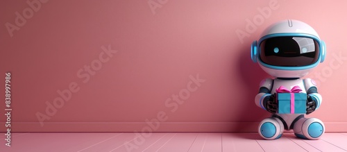 Humanoid robot with gift box on pink background. Online assistant chat bot on the website. Copy space. Generative AI
