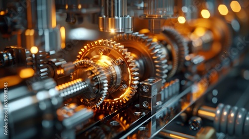 A detailed shot of intricate machinery and gears in motion, producing precision-engineered components in a high-tech manufacturing facility.
