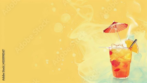 animated illustration of cool orange citrus drink in glass with straw, umbrella, and ice cubes, surrounded by oranges, athmosphere summer time video banner copyspace, yellow background photo