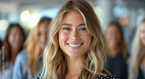 Closeup Portrait of a Smiling Young Woman With Blonde Hair in a Blurry Backgr...