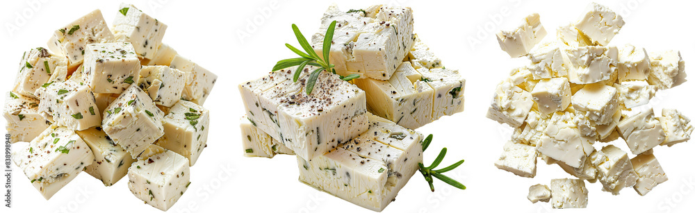 Fototapeta premium Feta cheese bundle, cut in cubes, isolated on a white background, closeup front view and top down view